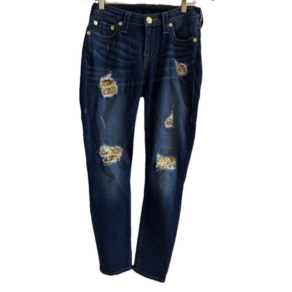 True Religion women Curvy Skinny ‎ jean size 27 Gold Sequin distressed Y2K